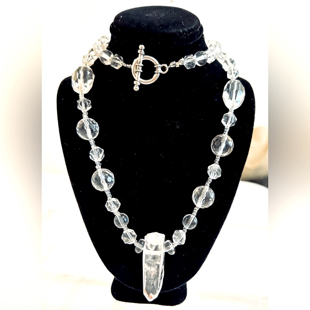 Stunning Clear Crystal Beaded Necklace with a Double Crystal Pendant